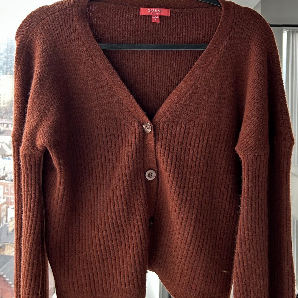 GUESS Balloon Sleeve Cardigan - Cedar Brown